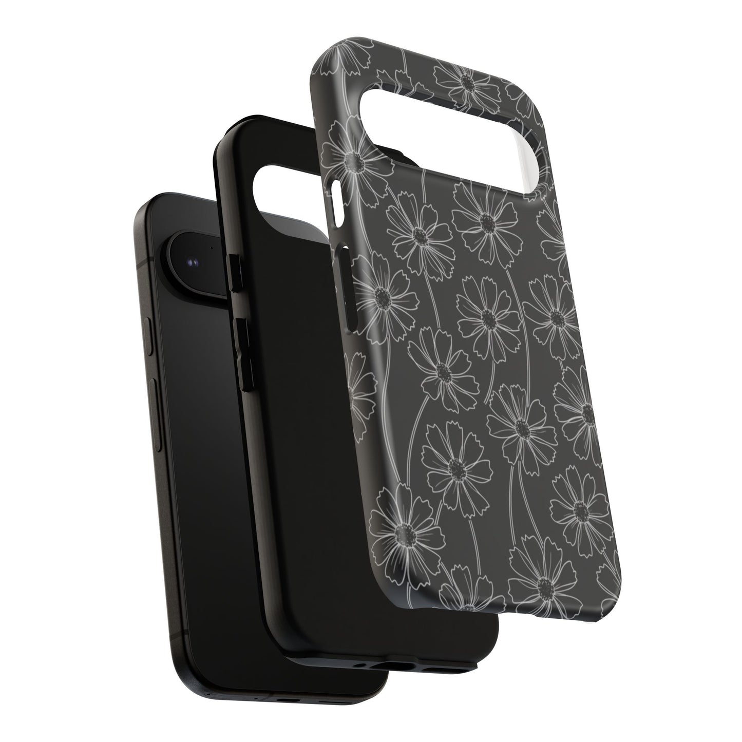 Floral Doodle Tough Phone Case — Black & Gray Daisy Pattern