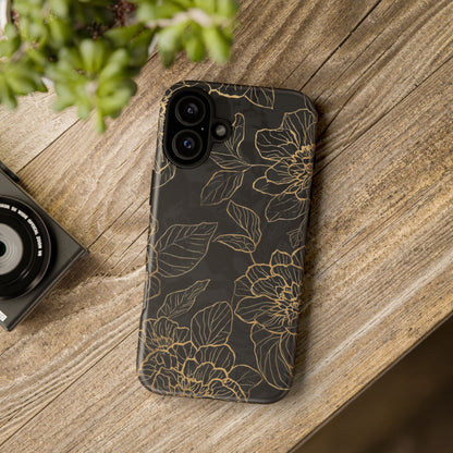 Floral Gold Outline Tough Phone Case – Black Botanical Protective Cover