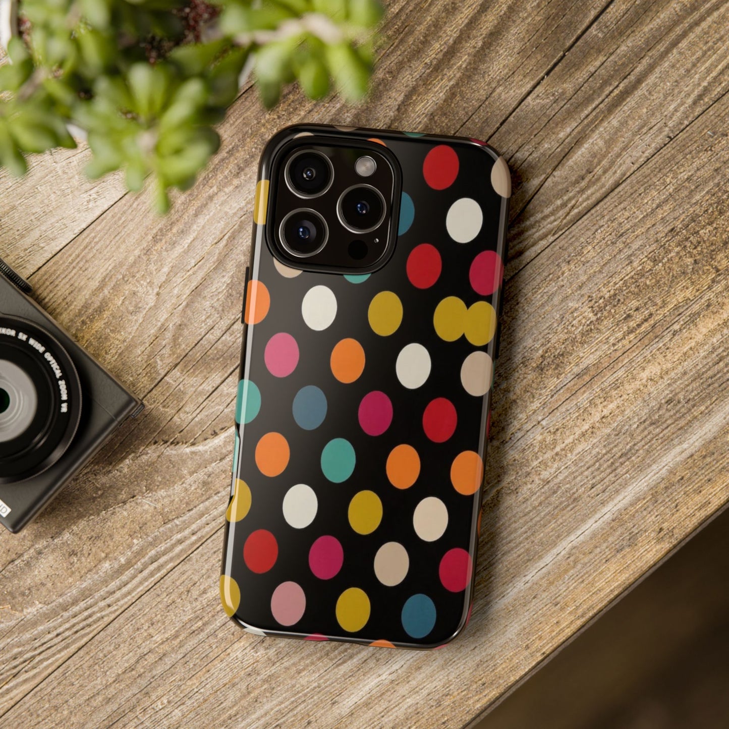 Polka Dot Tough Phone Case – Colorful Retro Dots on Black