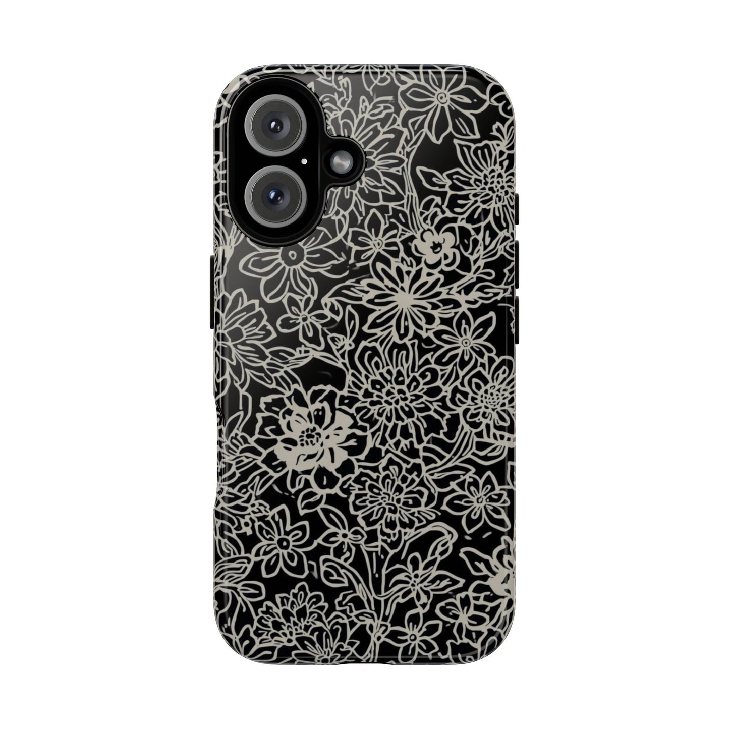 Floral Doodle Tough Phone Case — Black & White Sketch Flower Protective Cover