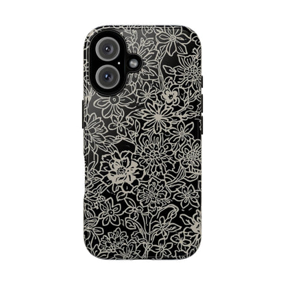 Floral Doodle Tough Phone Case — Black & White Sketch Flower Protective Cover