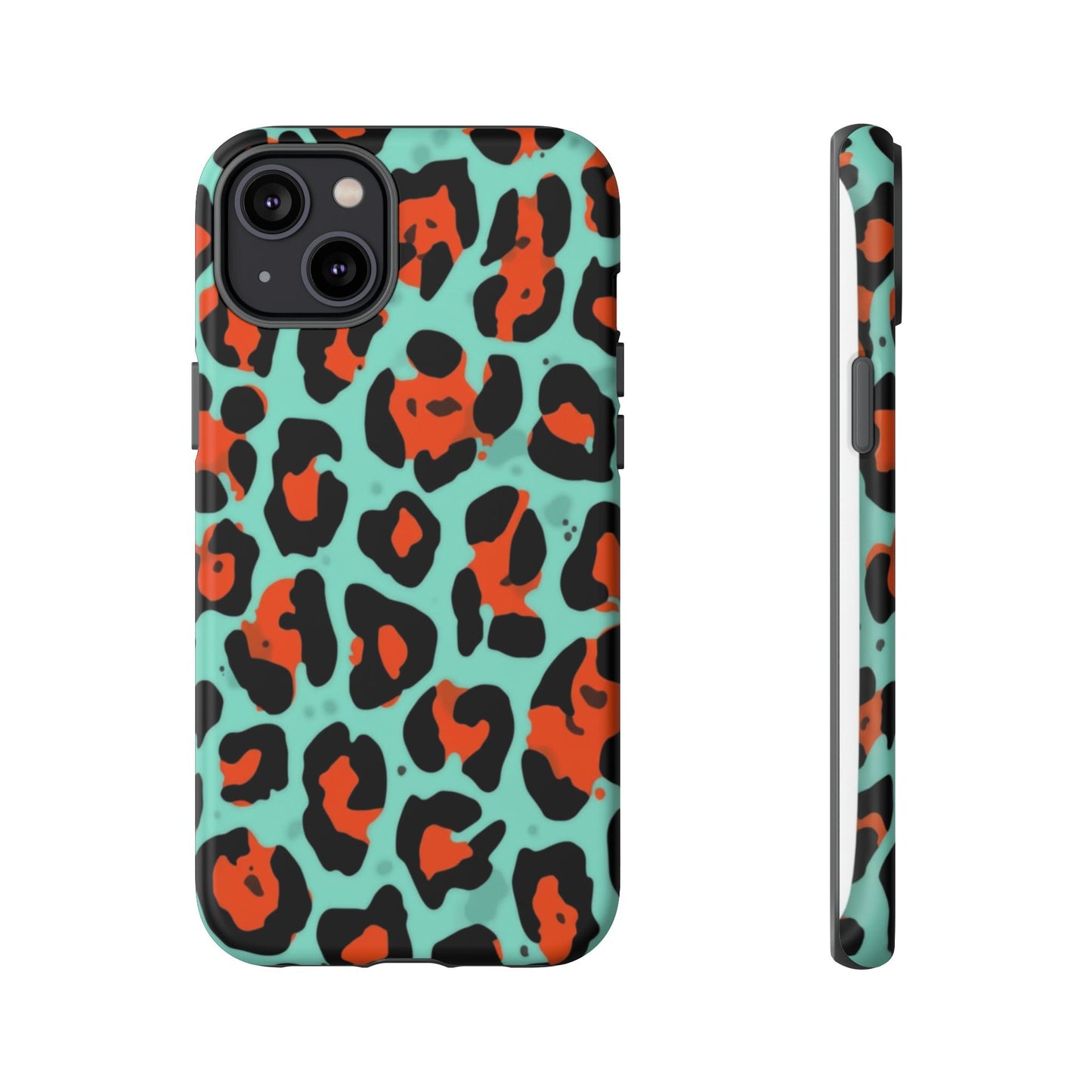Leopard Print Tough Phone Case — Teal & Rust Protective iPhone Cover