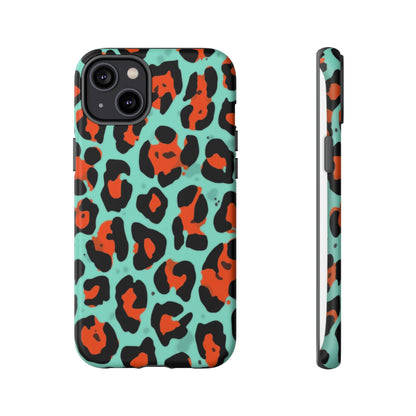 Leopard Print Tough Phone Case — Teal & Rust Protective iPhone Cover