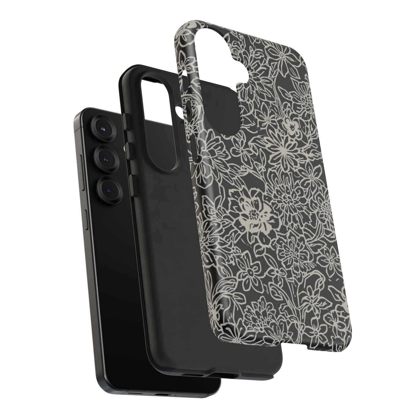 Floral Doodle Tough Phone Case — Black & White Sketch Flower Protective Cover