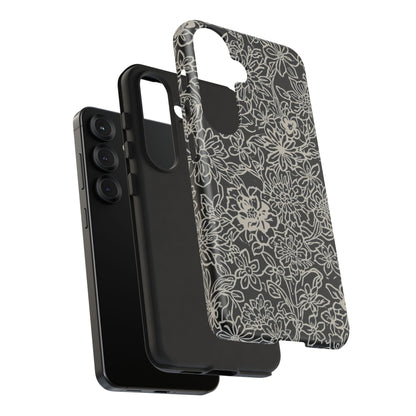 Floral Doodle Tough Phone Case — Black & White Sketch Flower Protective Cover
