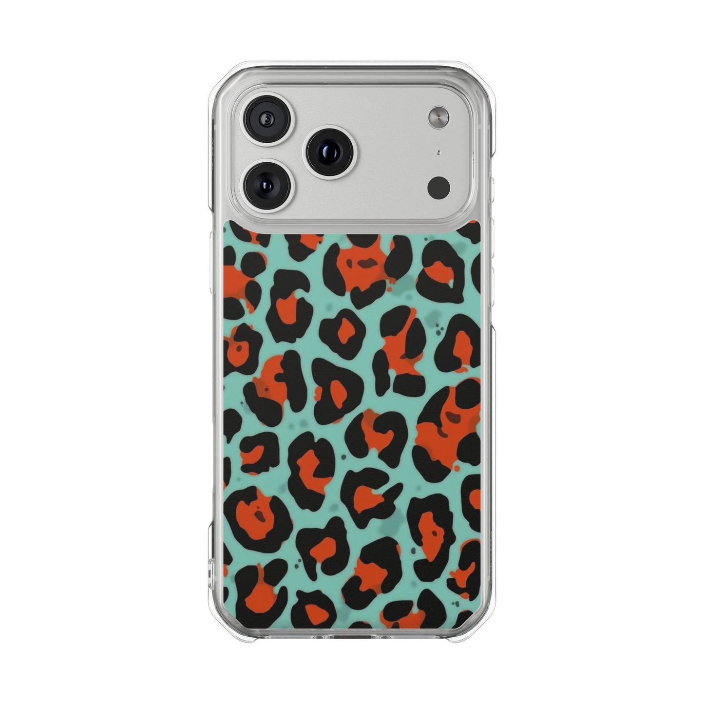 Clear Magnetic Phone Case — Teal & Rust Leopard Print