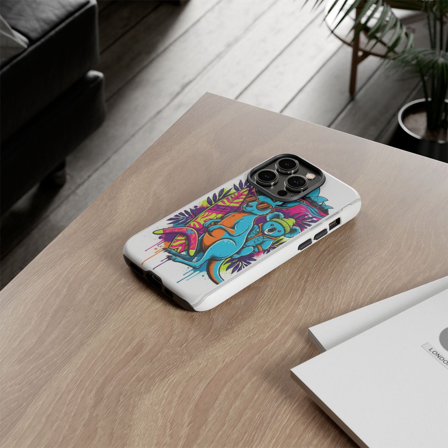 Kangaroo & Koala Surf Phone Case — Retro Neon Beach Art Tough Case