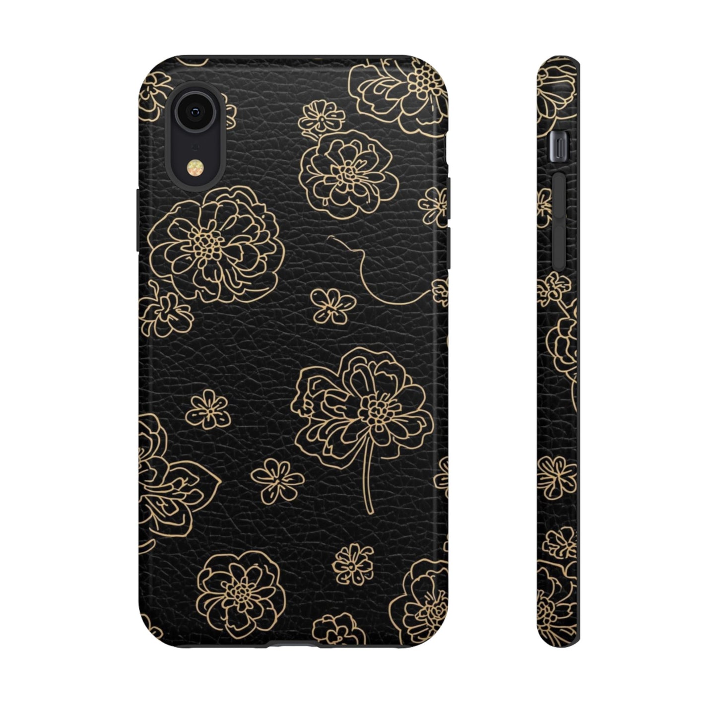 Floral Leather-Texture Tough Case – Black Gold Outline Phone Cover
