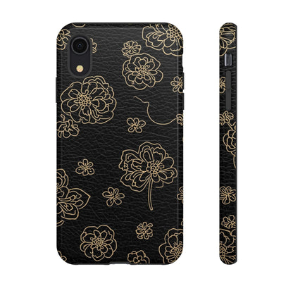 Floral Leather-Texture Tough Case – Black Gold Outline Phone Cover