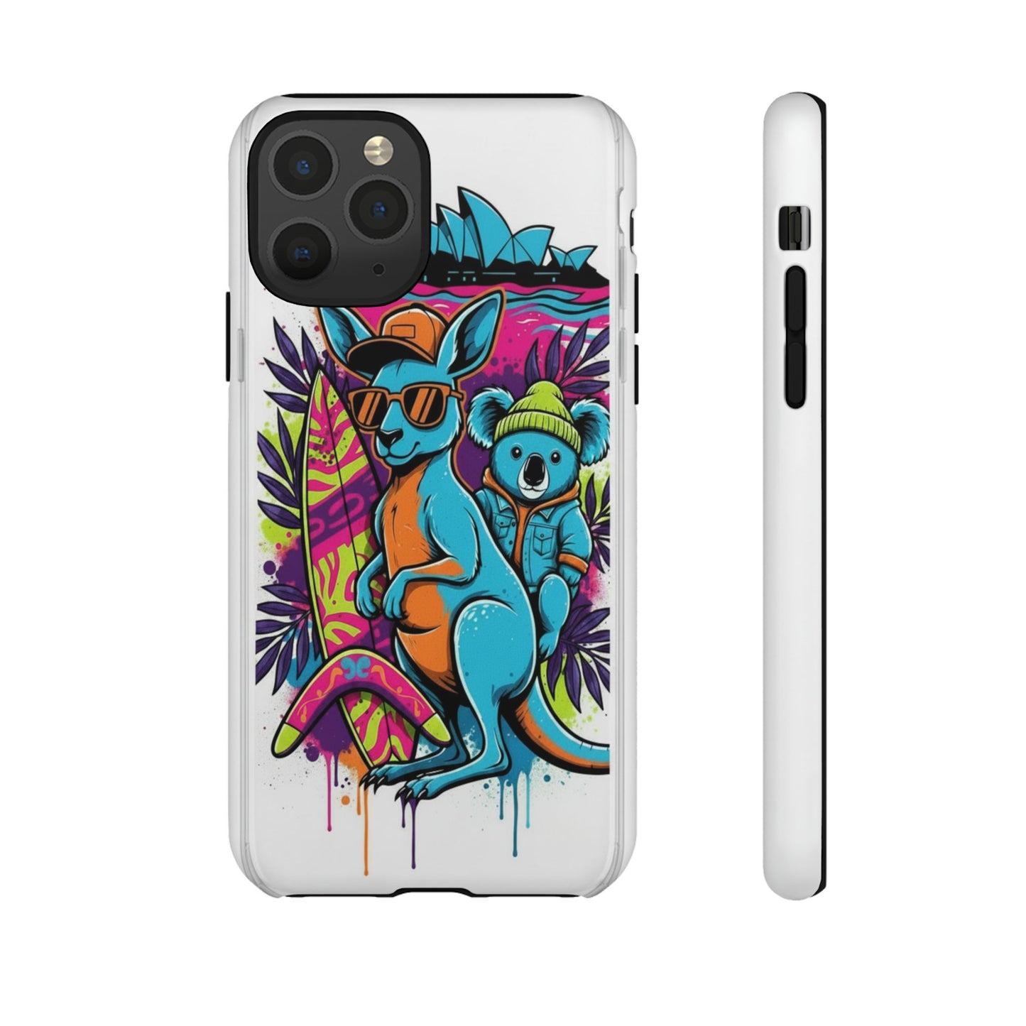 Kangaroo & Koala Surf Phone Case — Retro Neon Beach Art Tough Case