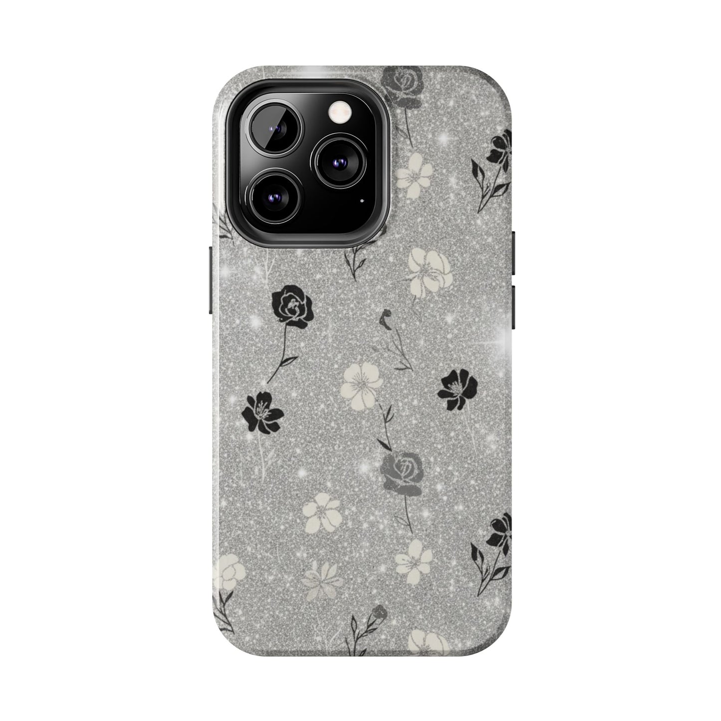 Floral Glitter Tough Phone Case — Black & Silver Vintage Flower Protective Cover