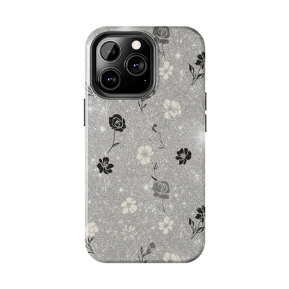 Floral Glitter Tough Phone Case — Black & Silver Vintage Flower Protective Cover