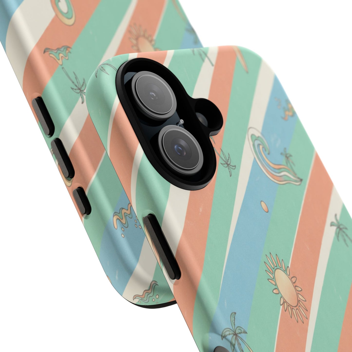 Retro Beach Stripes Phone Case — Sun, Waves & Palm Pattern Tough Case