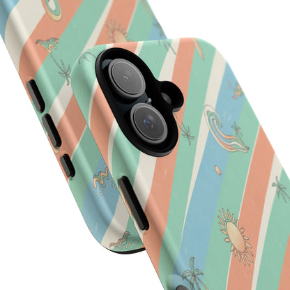 Retro Beach Stripes Phone Case — Sun, Waves & Palm Pattern Tough Case
