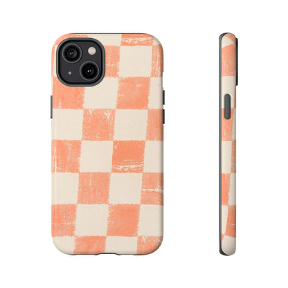 Peach Checkerboard Tough Phone Case — Retro Distressed Grid Design