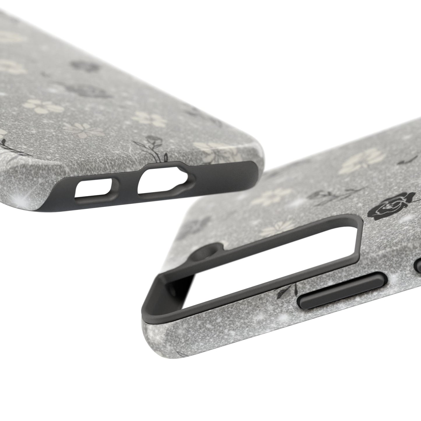 Floral Glitter Tough Phone Case — Black & Silver Vintage Flower Protective Cover