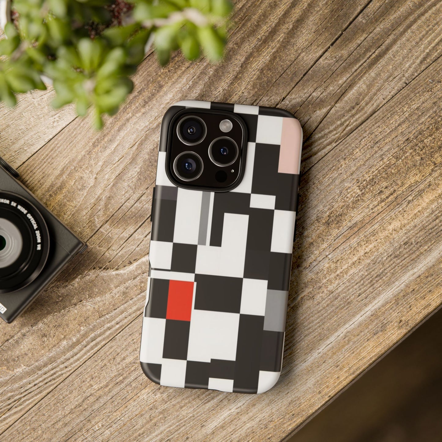 Abstract Geometric Phone Case – Black & White Checker Grid with Red Accent