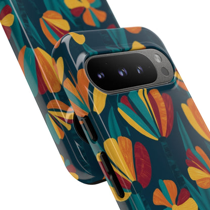 Floral Retro Teal Tough Phone Case — Vibrant Orange & Mustard Blooms