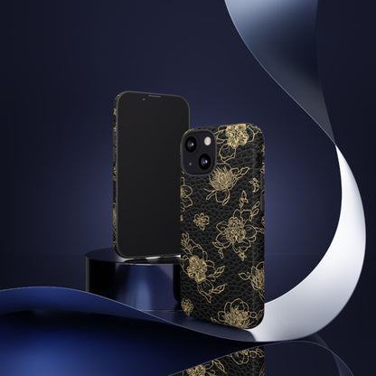 Floral Leather Phone Case — Gold Outline Flowers on Black Tough Case