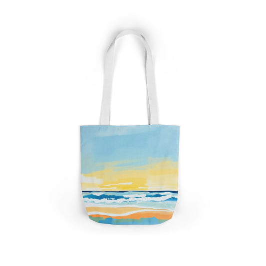 Beach Sunrise Canvas Tote Bag – Coastal Waves Art Tote with Pastel Straps