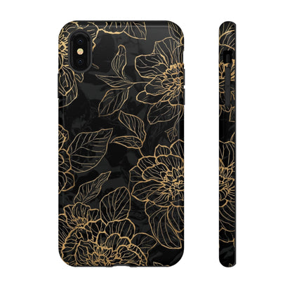 Floral Gold Outline Tough Phone Case – Black Botanical Protective Cover