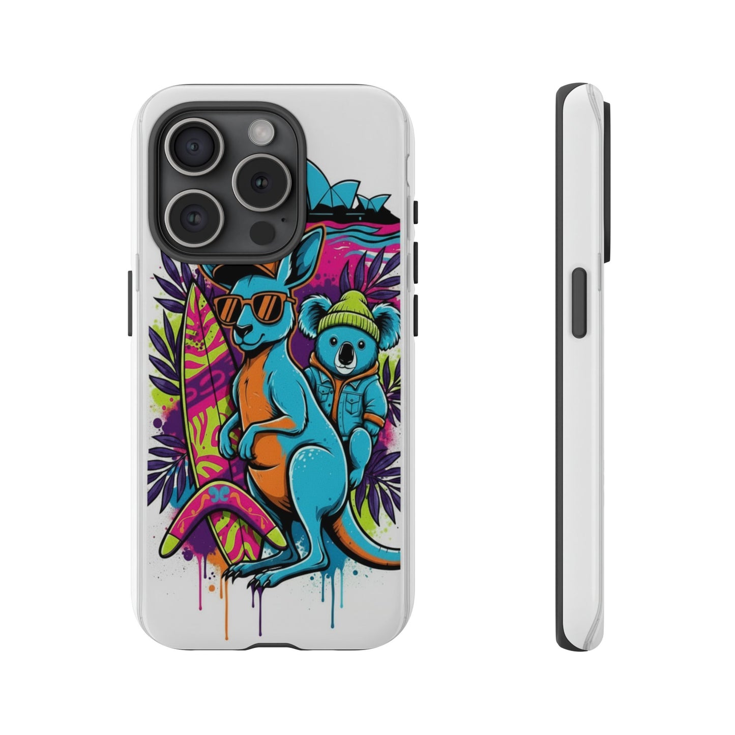 Kangaroo & Koala Surf Phone Case — Retro Neon Beach Art Tough Case