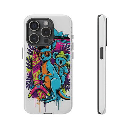 Kangaroo & Koala Surf Phone Case — Retro Neon Beach Art Tough Case