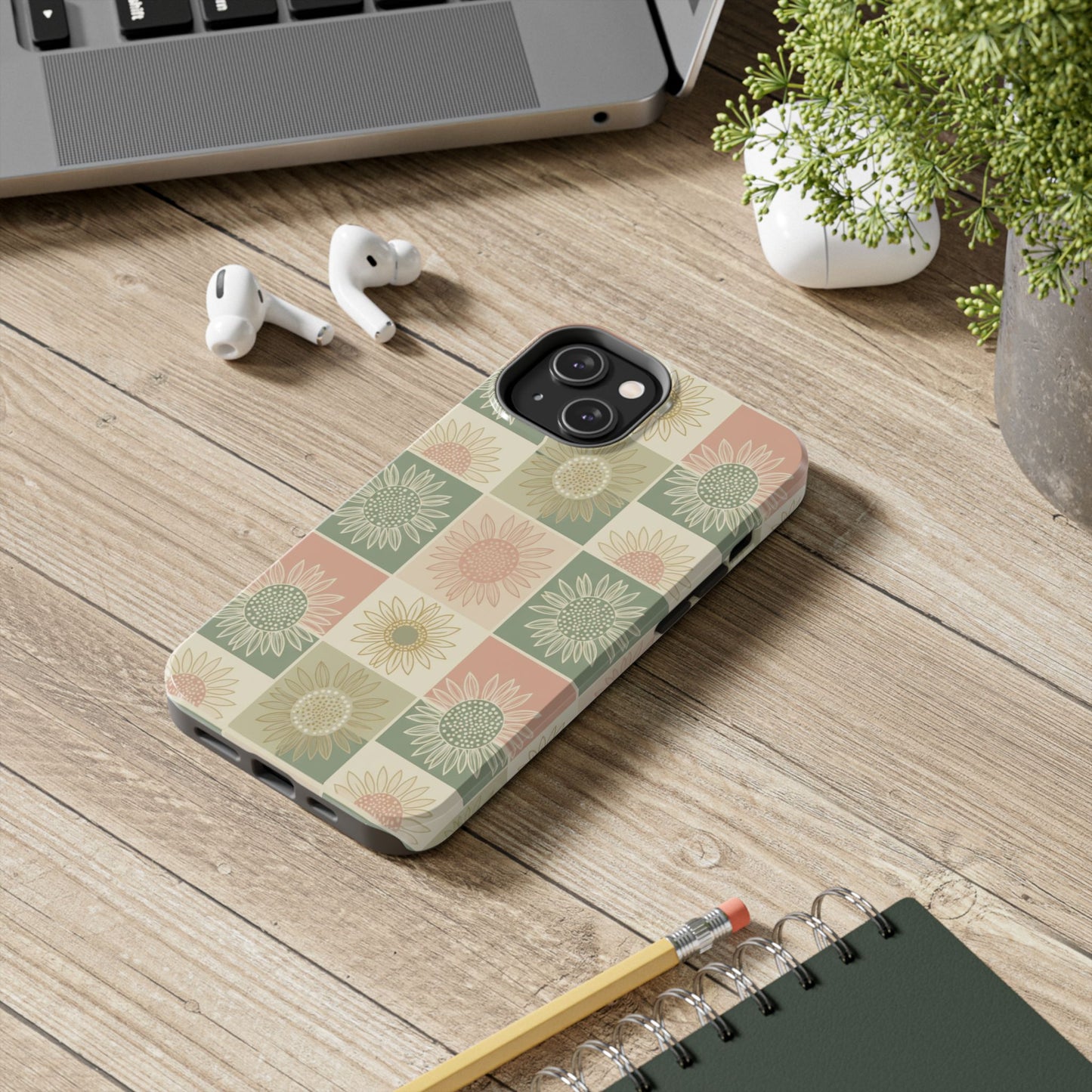Sunflower Check iPhone Tough Phone Case — Retro Pastel Floral Protective Cover