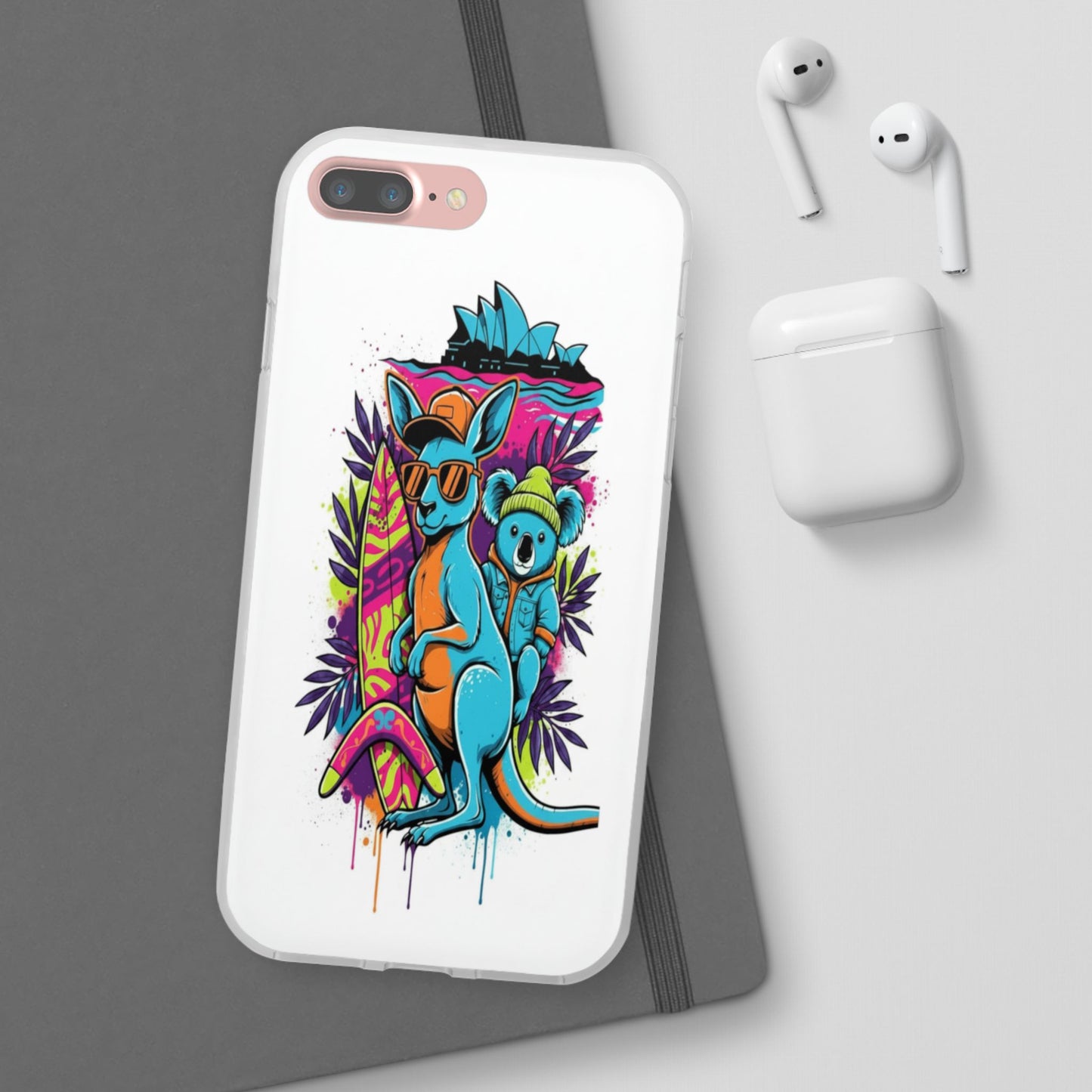Kangaroo & Koala Surf Phone Case — Neon Aussie Beach Vibes Flexible Case