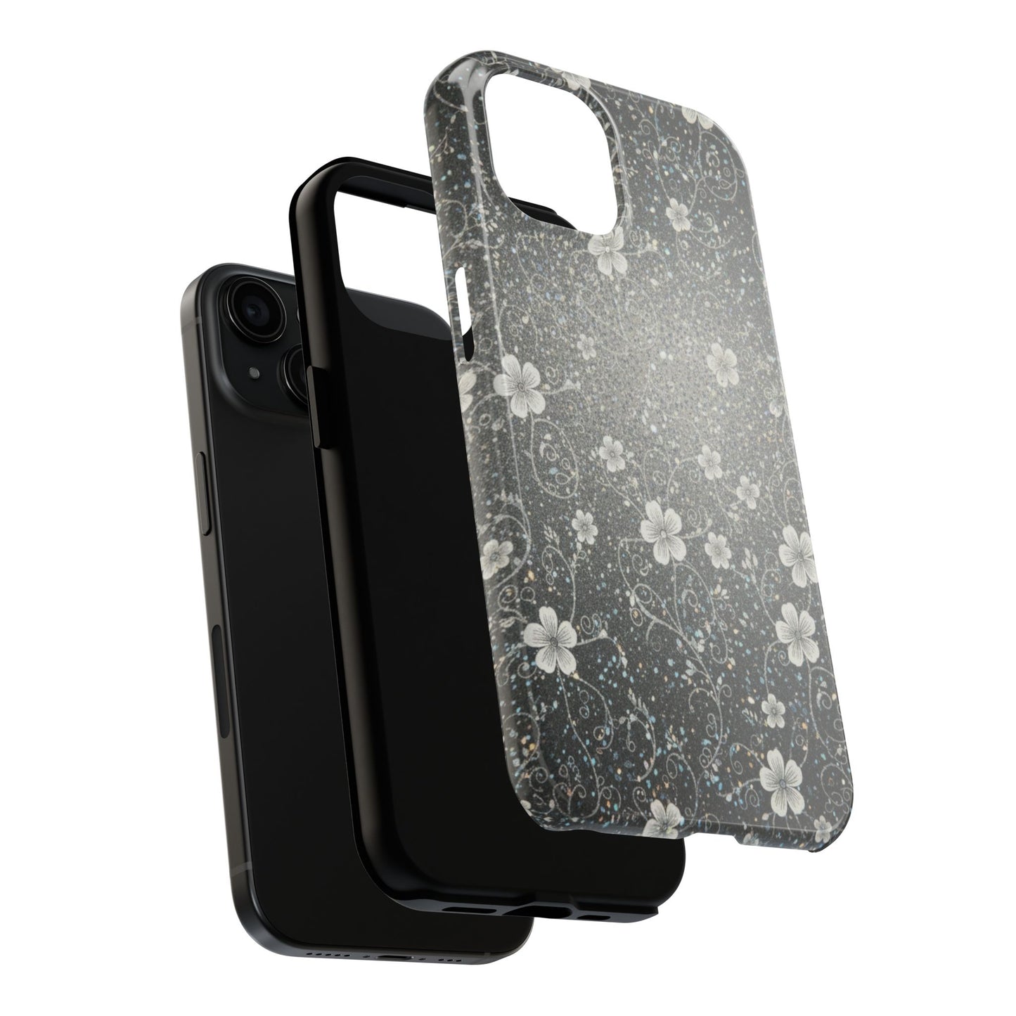 Floral Sparkle Tough Phone Case — Black & Silver Vintage Blossom