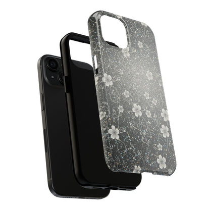 Floral Sparkle Tough Phone Case — Black & Silver Vintage Blossom