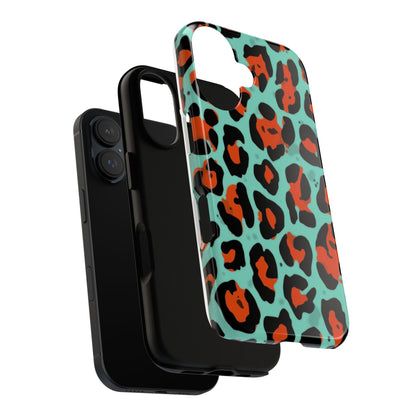 Leopard Print Tough Phone Case — Teal & Rust Protective iPhone Cover