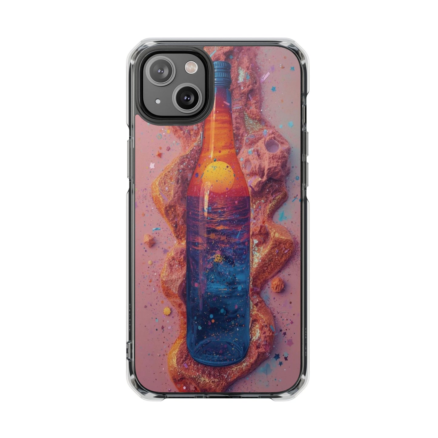 Clear Magnetic Phone Case — Cosmic Bottle Sunset Design