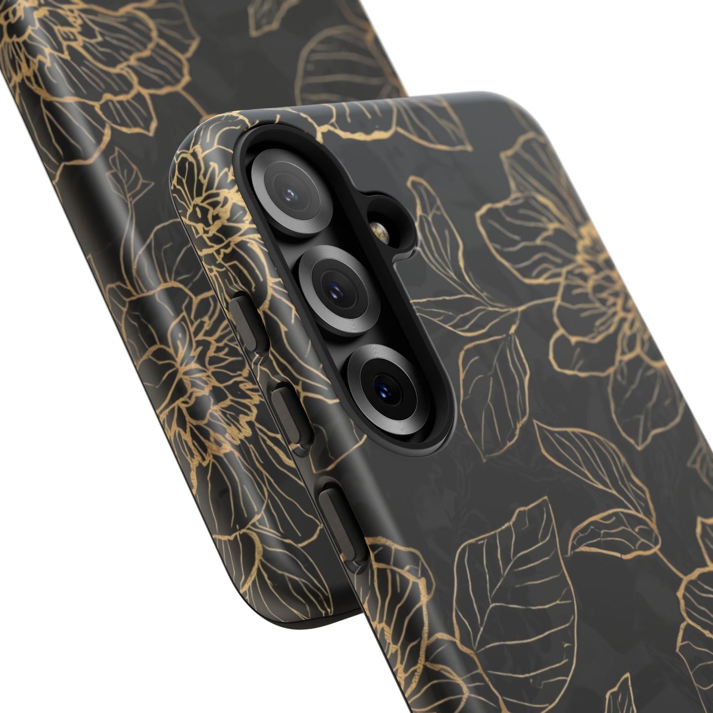 Floral Gold Outline Tough Phone Case – Black Botanical Protective Cover