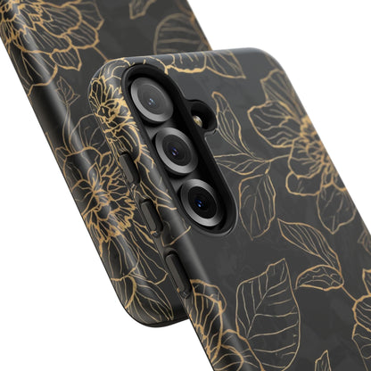 Floral Gold Outline Tough Phone Case – Black Botanical Protective Cover