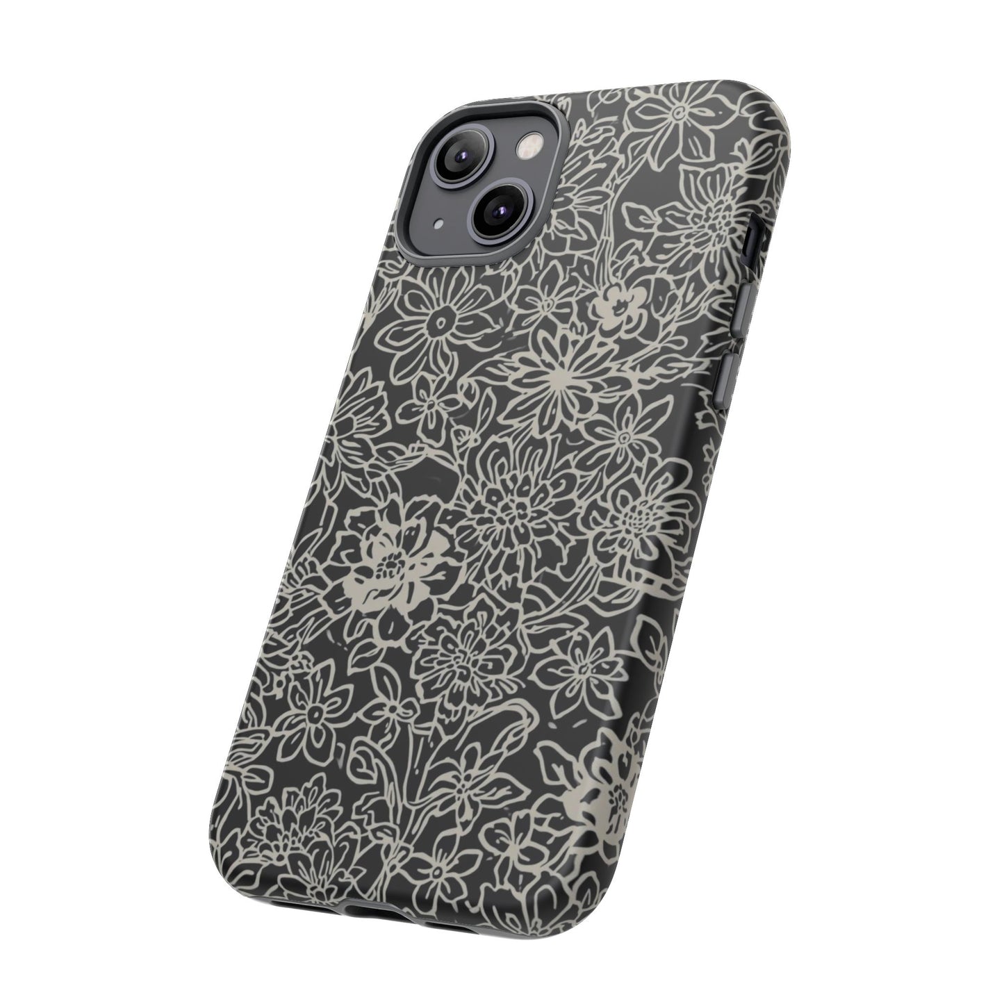 Floral Doodle Tough Phone Case — Black & White Sketch Flower Protective Cover