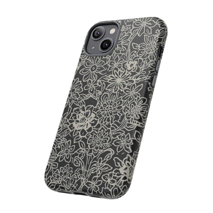 Floral Doodle Tough Phone Case — Black & White Sketch Flower Protective Cover