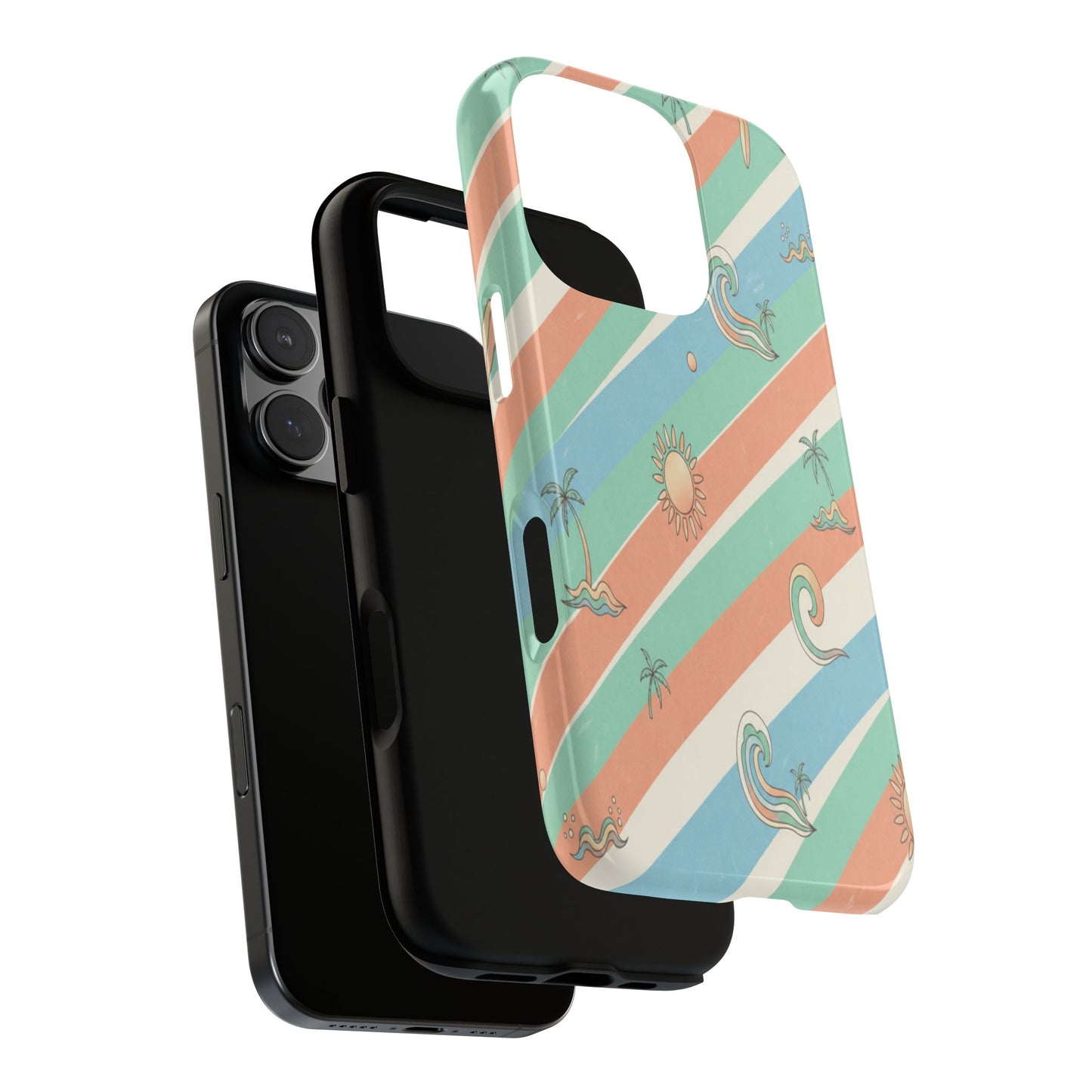 Retro Beach Stripes Phone Case — Sun, Waves & Palm Pattern Tough Case