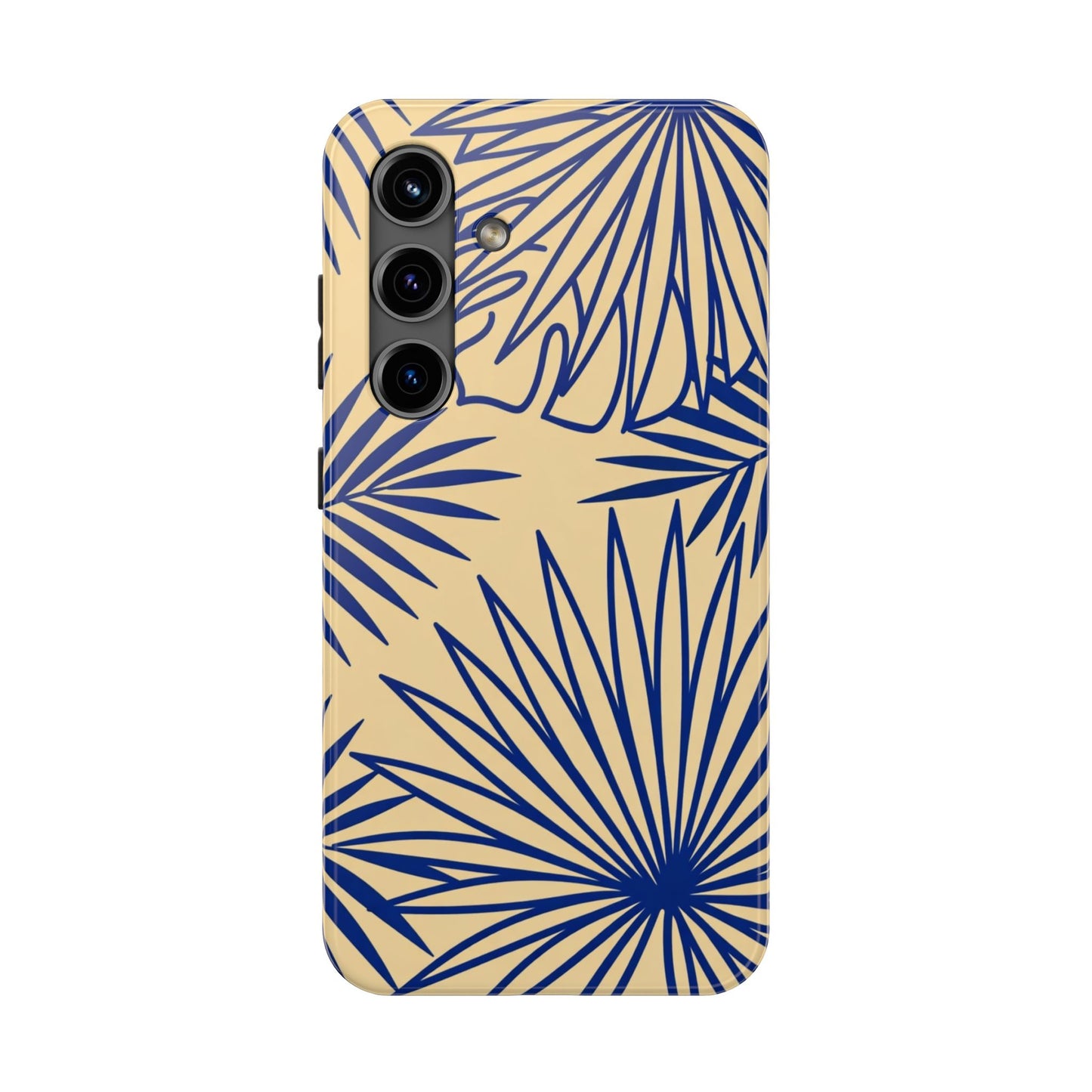 Tropical Palm Pattern Tough Phone Case — Navy Blue Fan Leaves on Sand