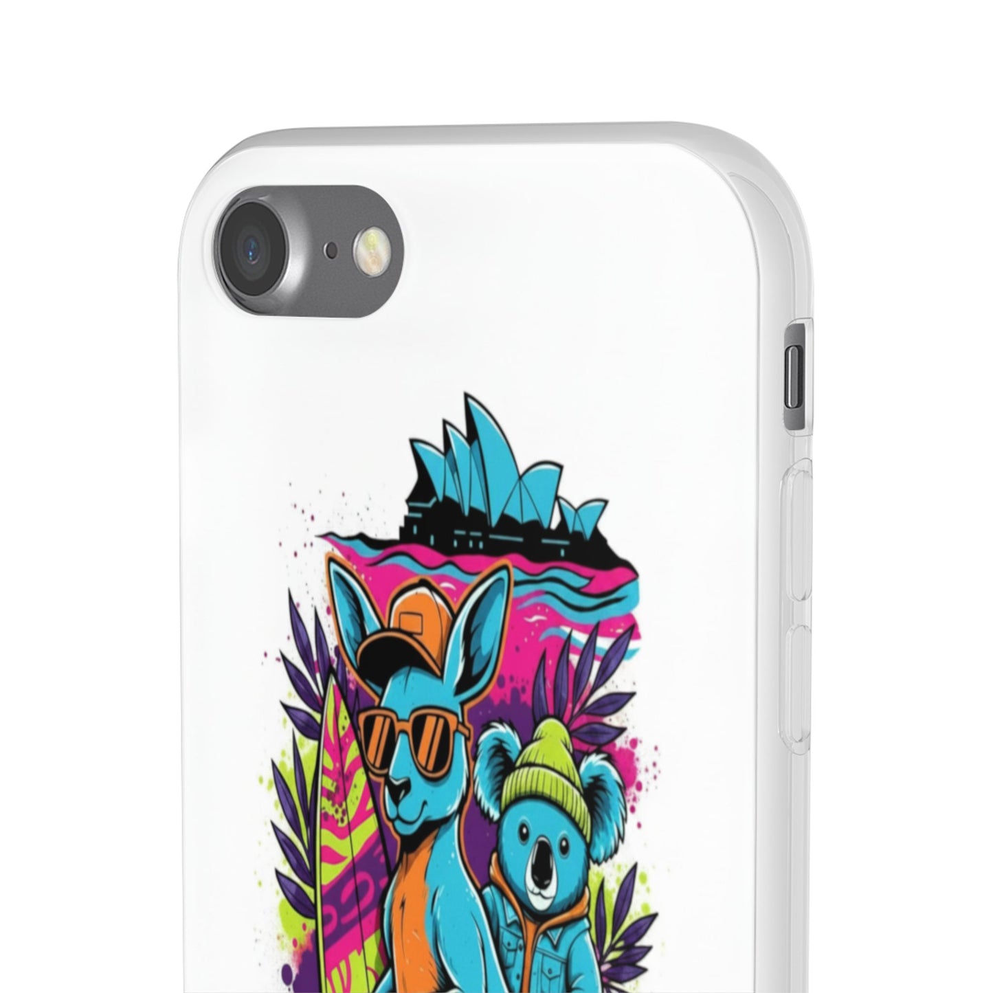 Kangaroo & Koala Surf Phone Case — Neon Aussie Beach Vibes Flexible Case