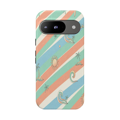 Retro Beach Stripes Phone Case — Sun, Waves & Palm Pattern Tough Case