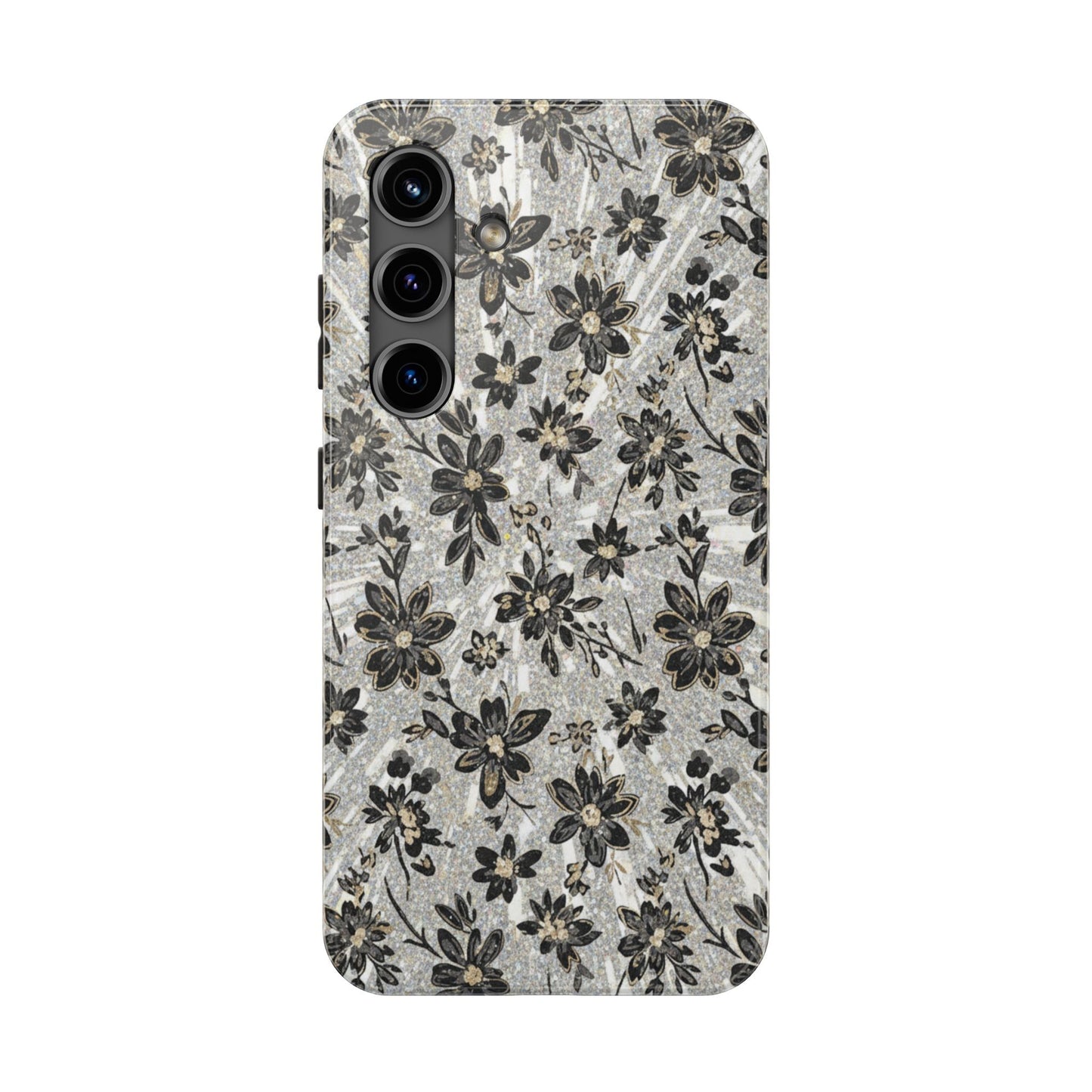 Floral Vintage Tough Phone Case — Black & Gray Rustic Flower Protective Case