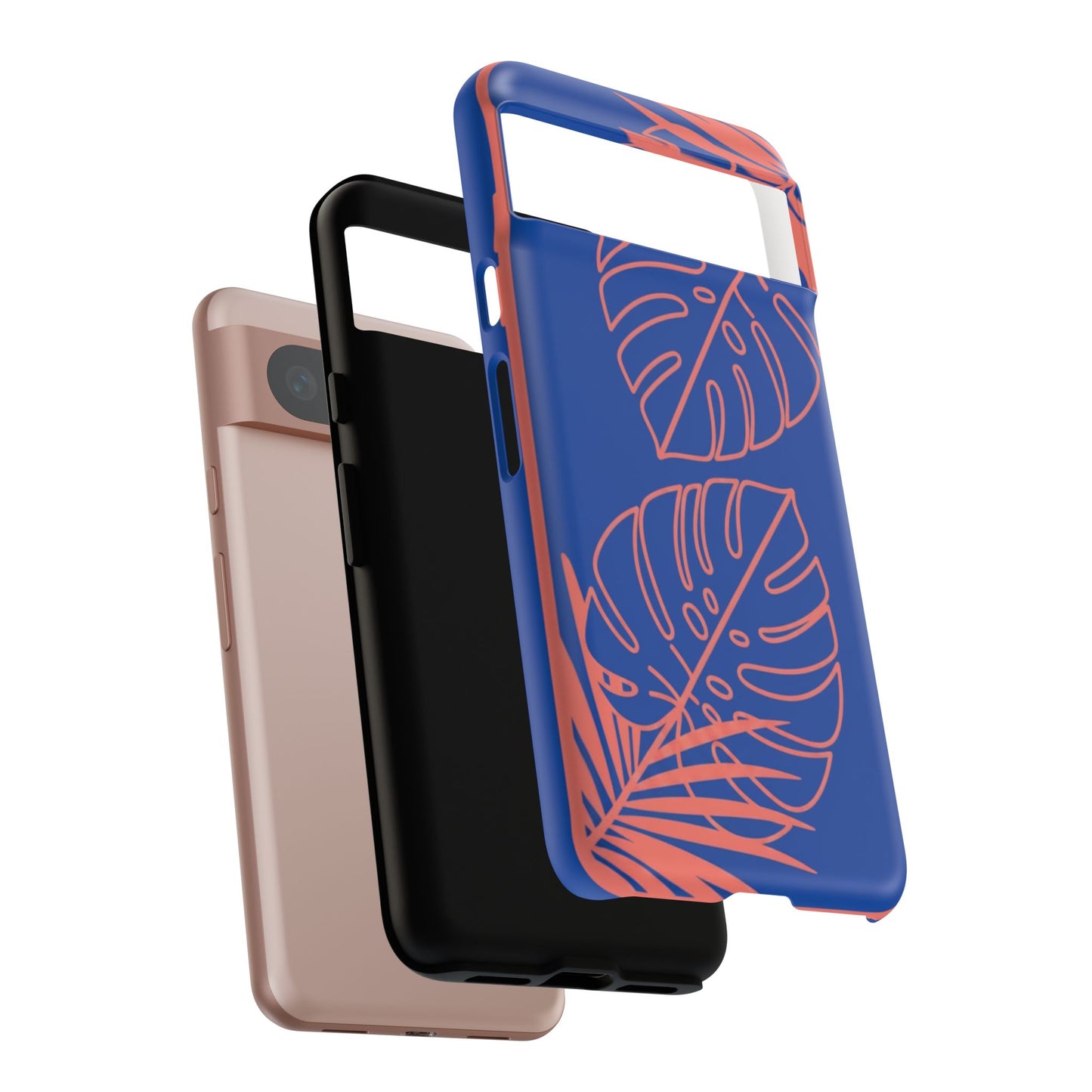 Tropical Monstera Phone Case — Blue & Coral Leaf Protective Cover