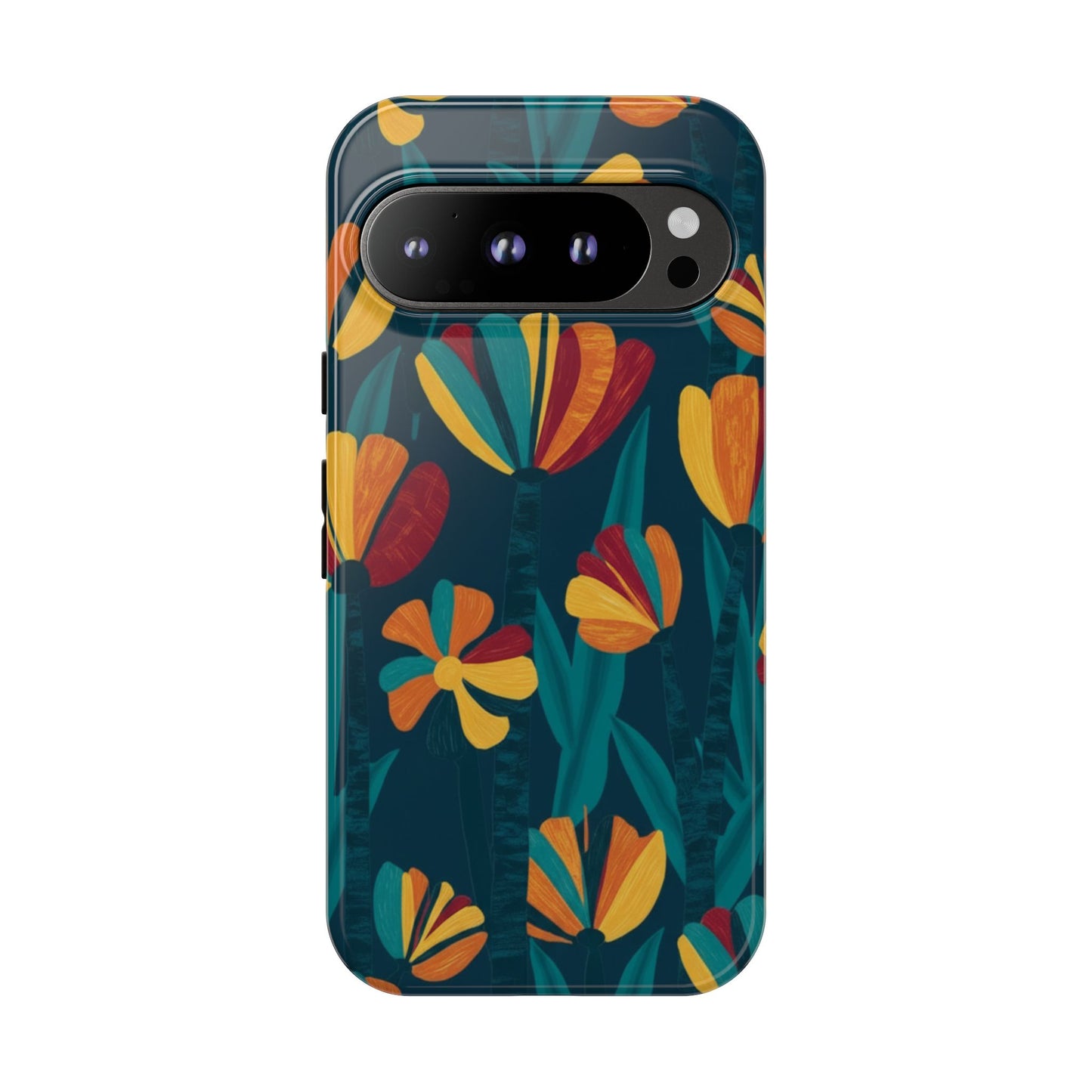 Floral Retro Teal Tough Phone Case — Vibrant Orange & Mustard Blooms