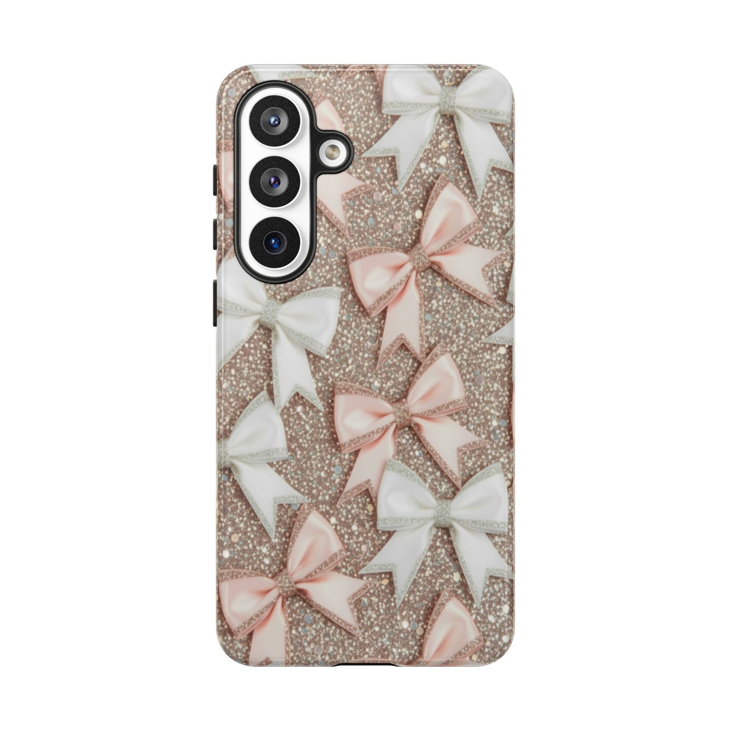 Glitter Bow Tough Phone Case — Pink & White Ribbon Protective Cover