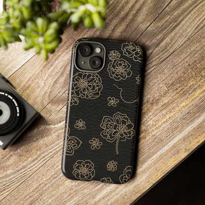 Floral Leather-Texture Tough Case – Black Gold Outline Phone Cover
