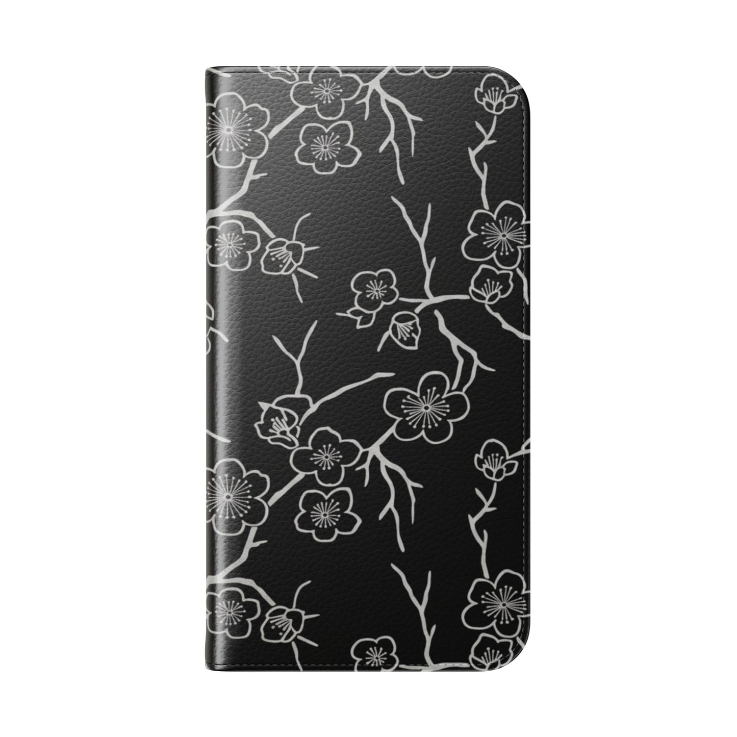 Black Cherry Blossom Flip Phone Case – Floral Wallet Flip Case with Card Slots