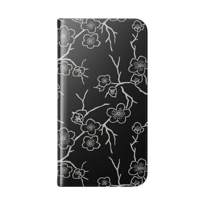 Black Cherry Blossom Flip Phone Case – Floral Wallet Flip Case with Card Slots