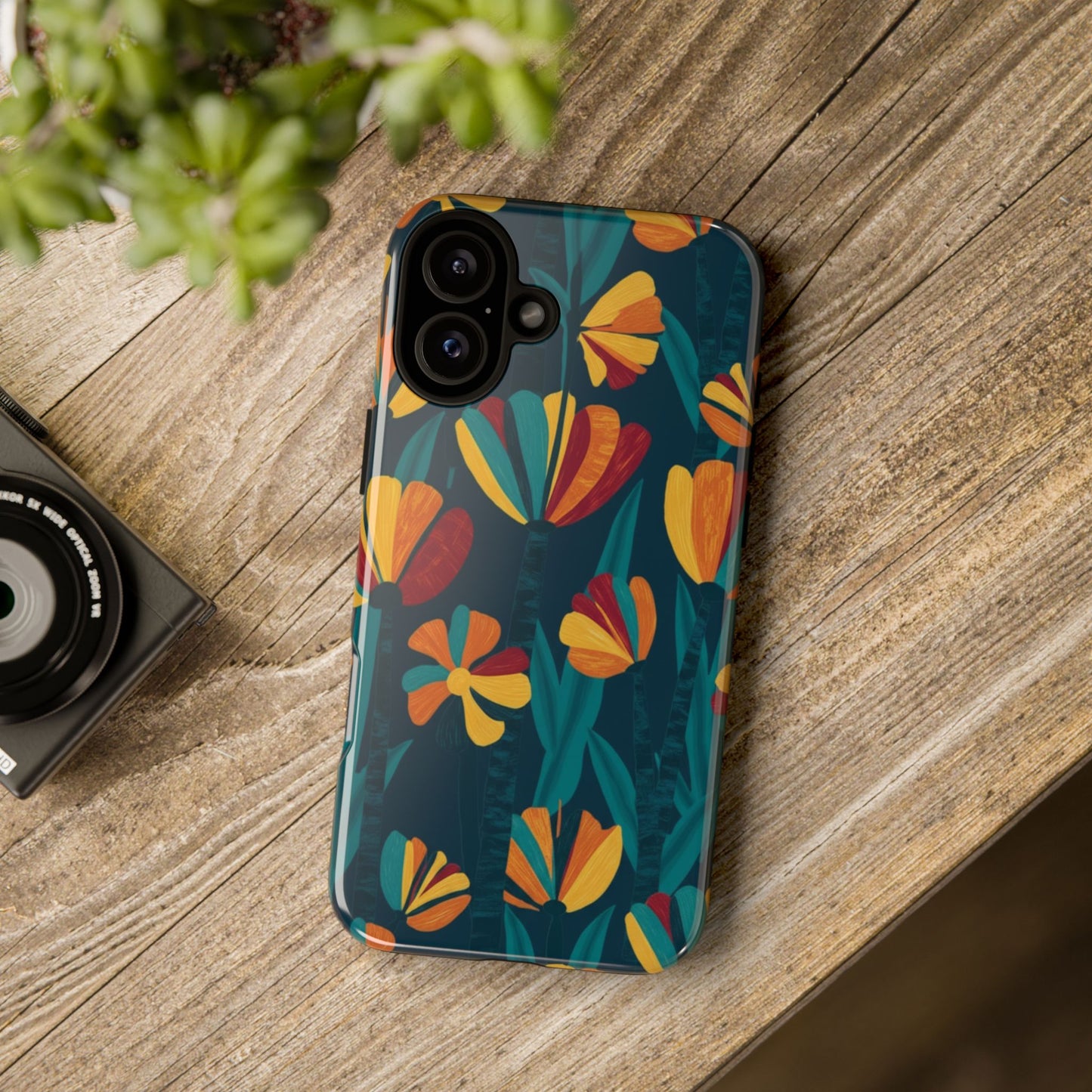 Floral Retro Teal Tough Phone Case — Vibrant Orange & Mustard Blooms
