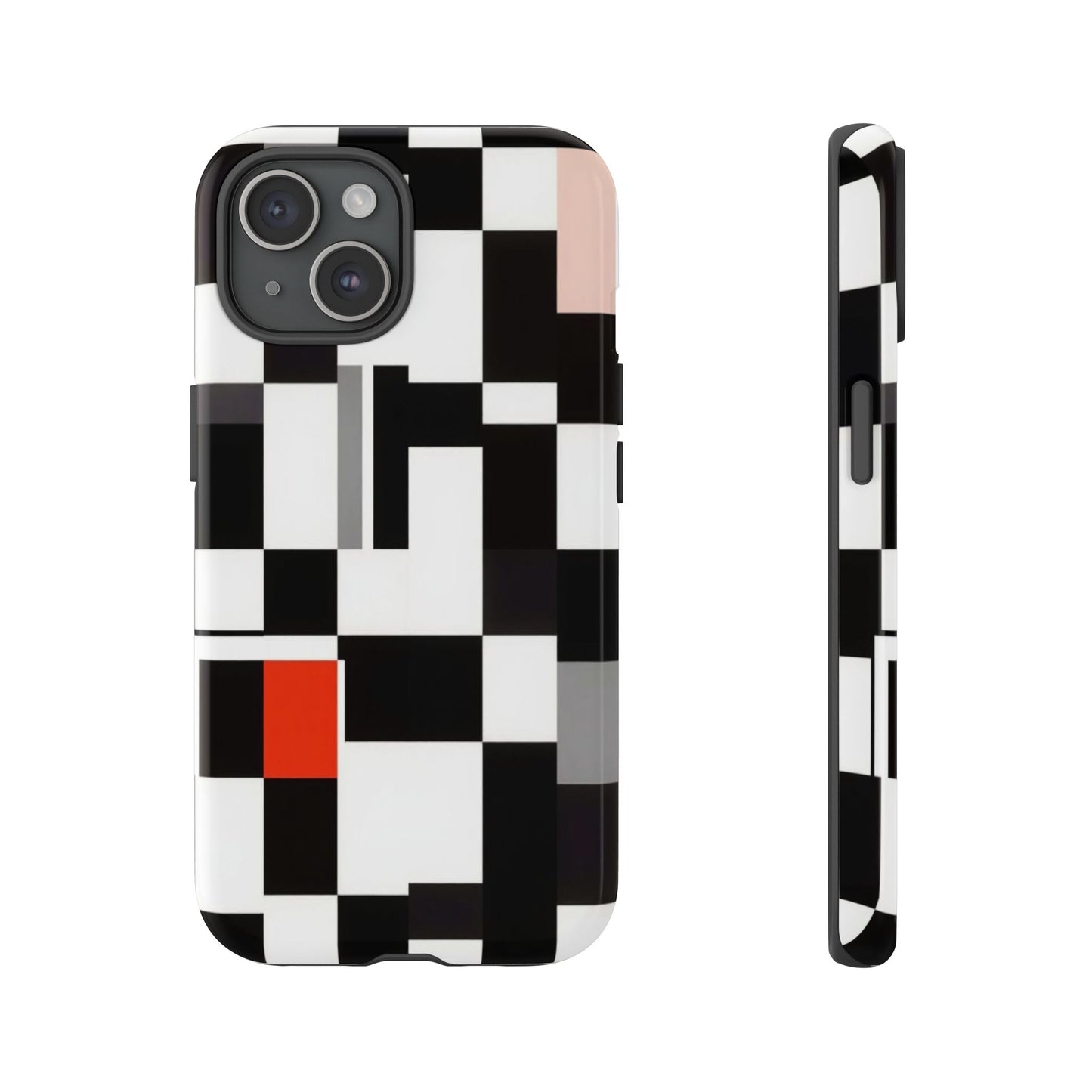 Abstract Geometric Phone Case – Black & White Checker Grid with Red Accent